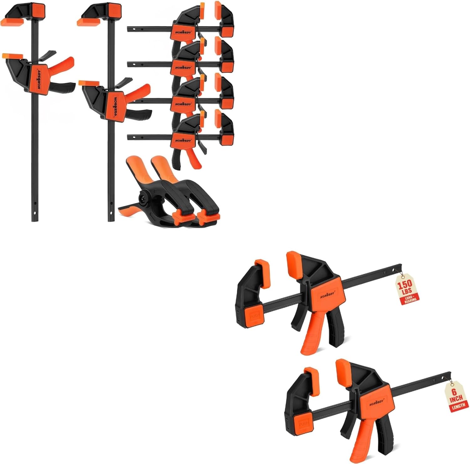HORUSDY Bar Clamps Set for Woodworking, 12'' & 6'' Quick Grip F Clamps Bundle, Heavy-Duty Trigger Clamps & Spreaders with 150 LBS Load Limit for Carpentry & DIY