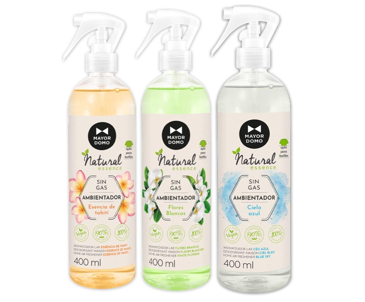 Mayordomo Fabric & Air Freshener Spray Bundle (3 x 400ml) Spanish Cleaning Products | Blue Skies, White Flowers, Essence of Tahiti