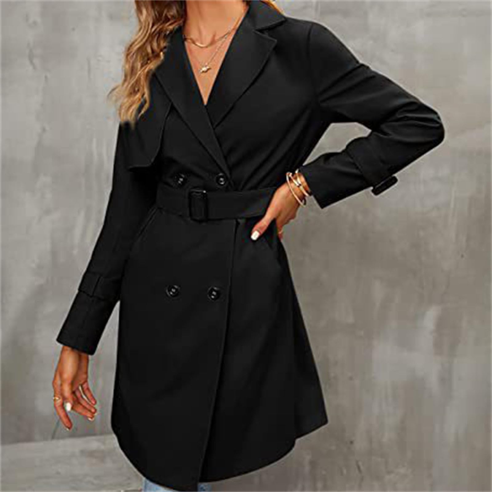 Generico Cappotto Di Lana Donna Autunno e inverno donna Tinta unita Fascia in vita bavero Doppio Trench Cappotto Donna Casual Trench versatile Piumini Donna Invernali (Black, S)