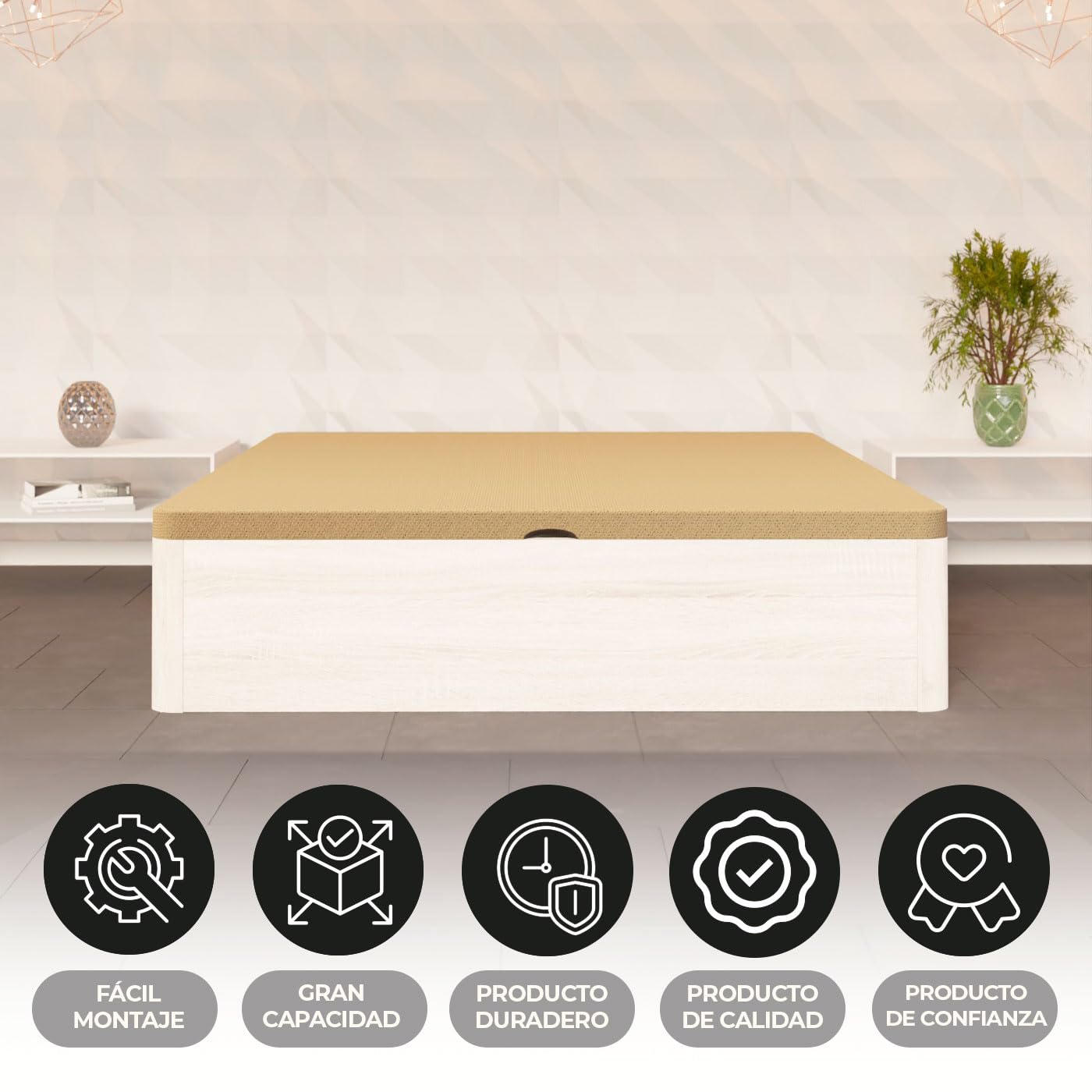 Somnia Descanso - Canapé Abatible de Madera Súper Reforzado con Gran Capacidad, Esquinas Redondeadas, 135 x 190, Polar