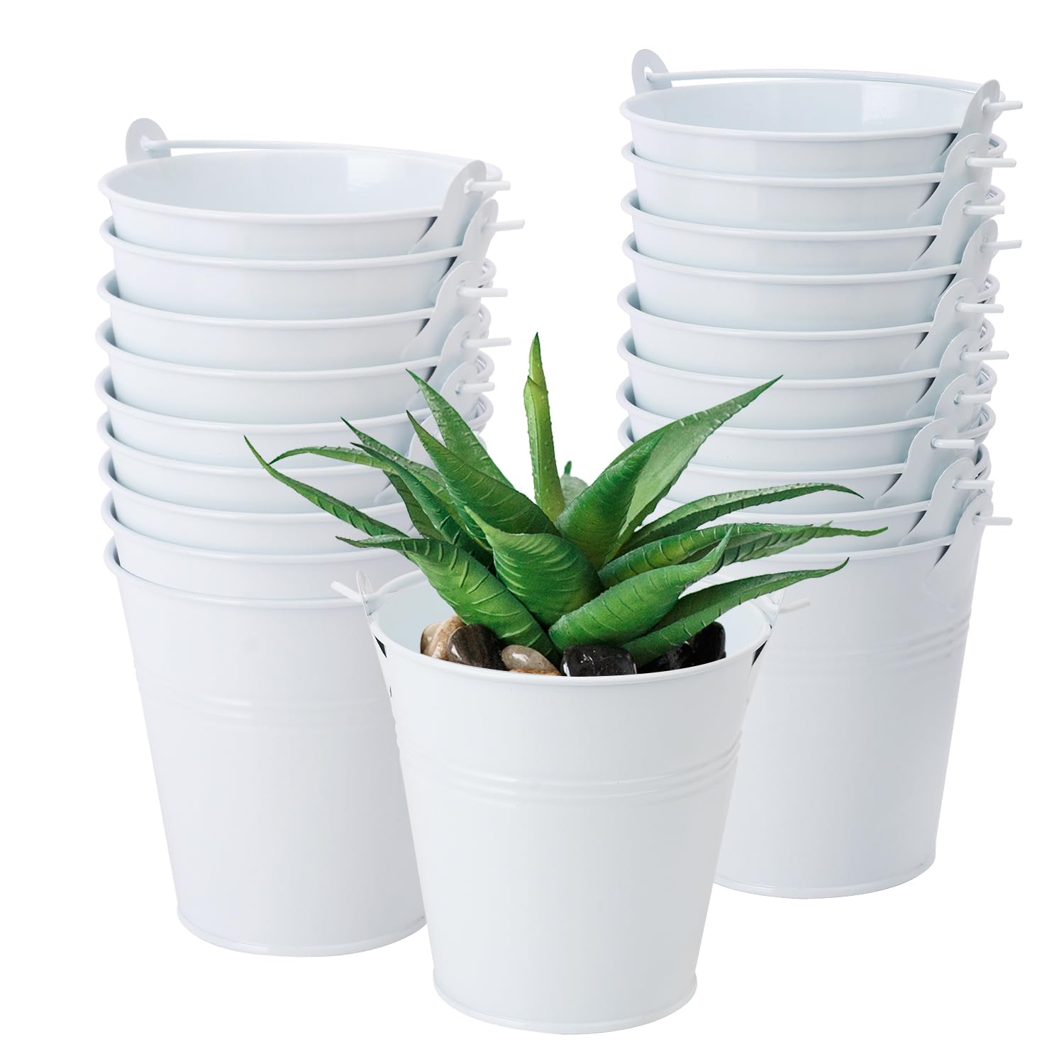 Biugaaufai 20 Pack 4 Inch White Mini Metal Bucket, Elegant Galvanized Buckets with Handles, Tin Buckets, Small Iron Bucket, Mini Metal Pail for Party