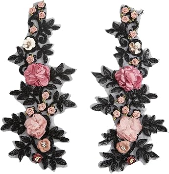 2Pcs 3D Floral Lace Applique Black Rhinestone Embroidered Appliques Pink Flower Crystal Beaded Embroidery Sew on Tulle Repair Patches for Sewing Making Clothes Dresses Wedding Gowns Costumes