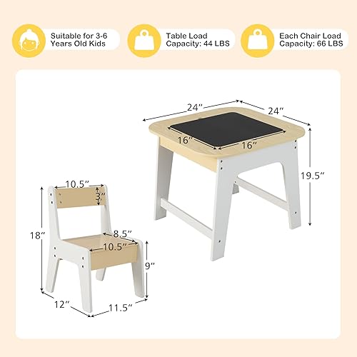Miniatura 8 de HONEY JOY Juego de mesa y silla para niños, mesa de actividades de madera 3 en 1 y 2 sillas para manualidades artísticas, pizarra reversible, 3