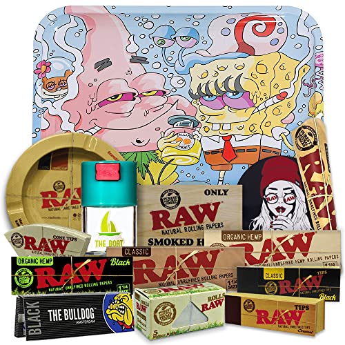 Regalo para fumadores Bandeja para liar 27,5 x 17,5cm + Cenicero RAW + Bote Antiolor THE BOAT + Papel Raw 1 1/4 Organic, Black y Classic + The Bulldog + Tips, Orgánico y Classic + Cono Cover