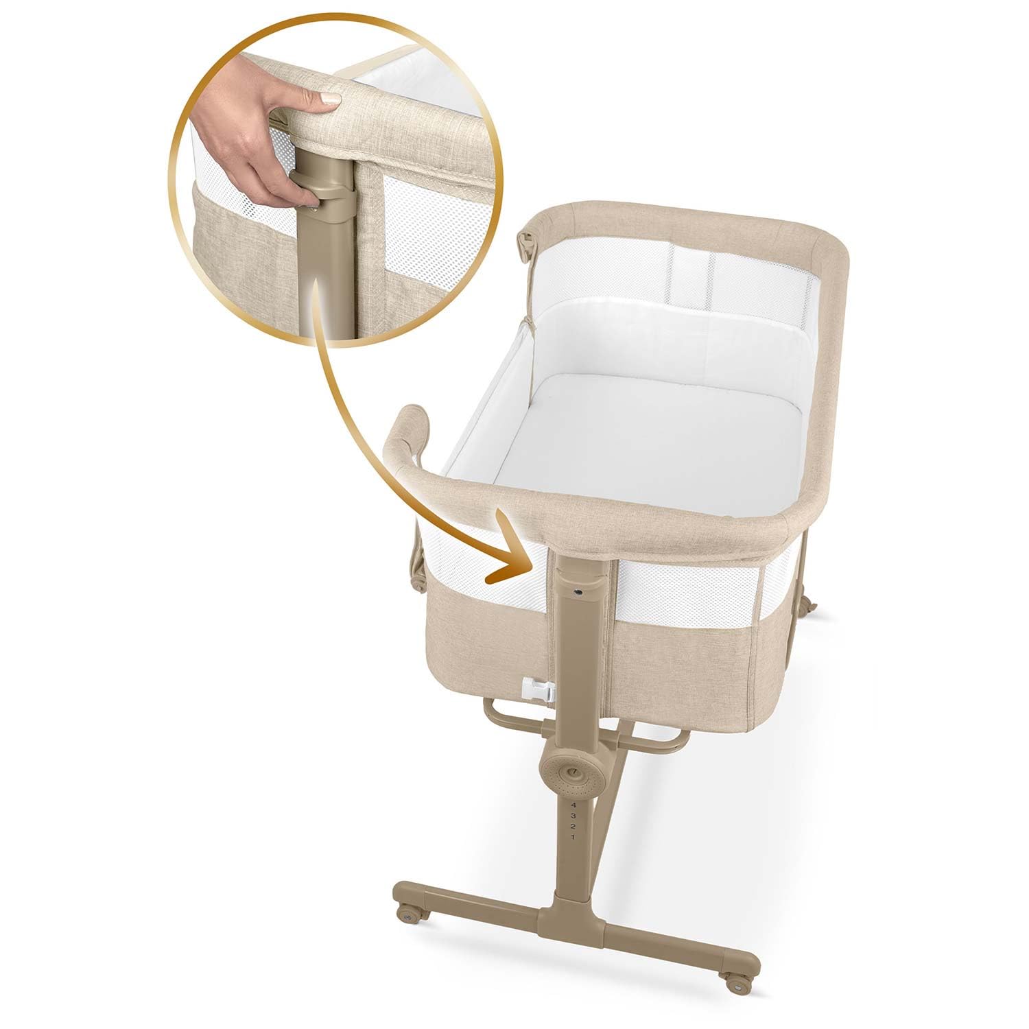 Nukido Babybett Beistellbett Reisebett - Bis 9 kg 5 Monate - Mit Matratze - Klappbar - Auf Rollen - Höhenverstellbar - Beige