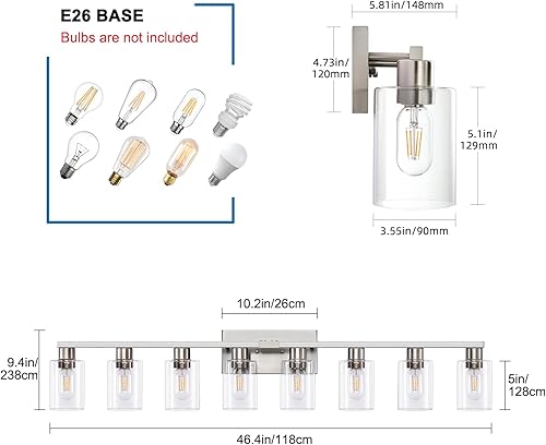 Miniatura 3 de Lámpara de tocador de baño de 8 luces de níquel cepillado, 8 luces de tocador para baño, accesorios sobre espejo, aplique de pared grande con