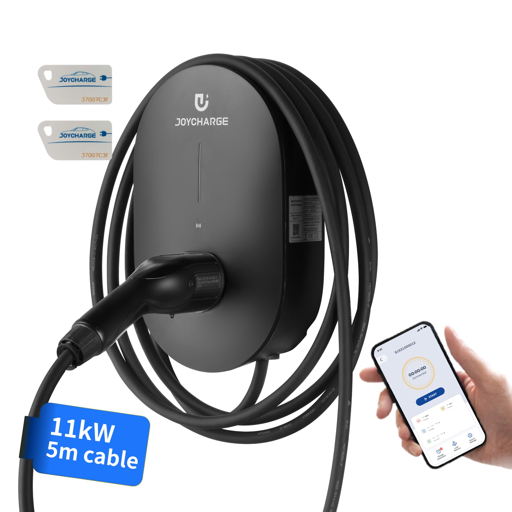 11 kW Wallbox EV, Cable de Carga Tipo 2 de 5 Metros, trifásico 6-16 A, IP55, RFID + Control por App Solo vía Wi-Fi, Color Negro (11 kW Plug, para Coches eléctricos y PHEV) | Cable de 5 m, corriente ajustable de 6 a 16 A, función RFID, protección IP55, col