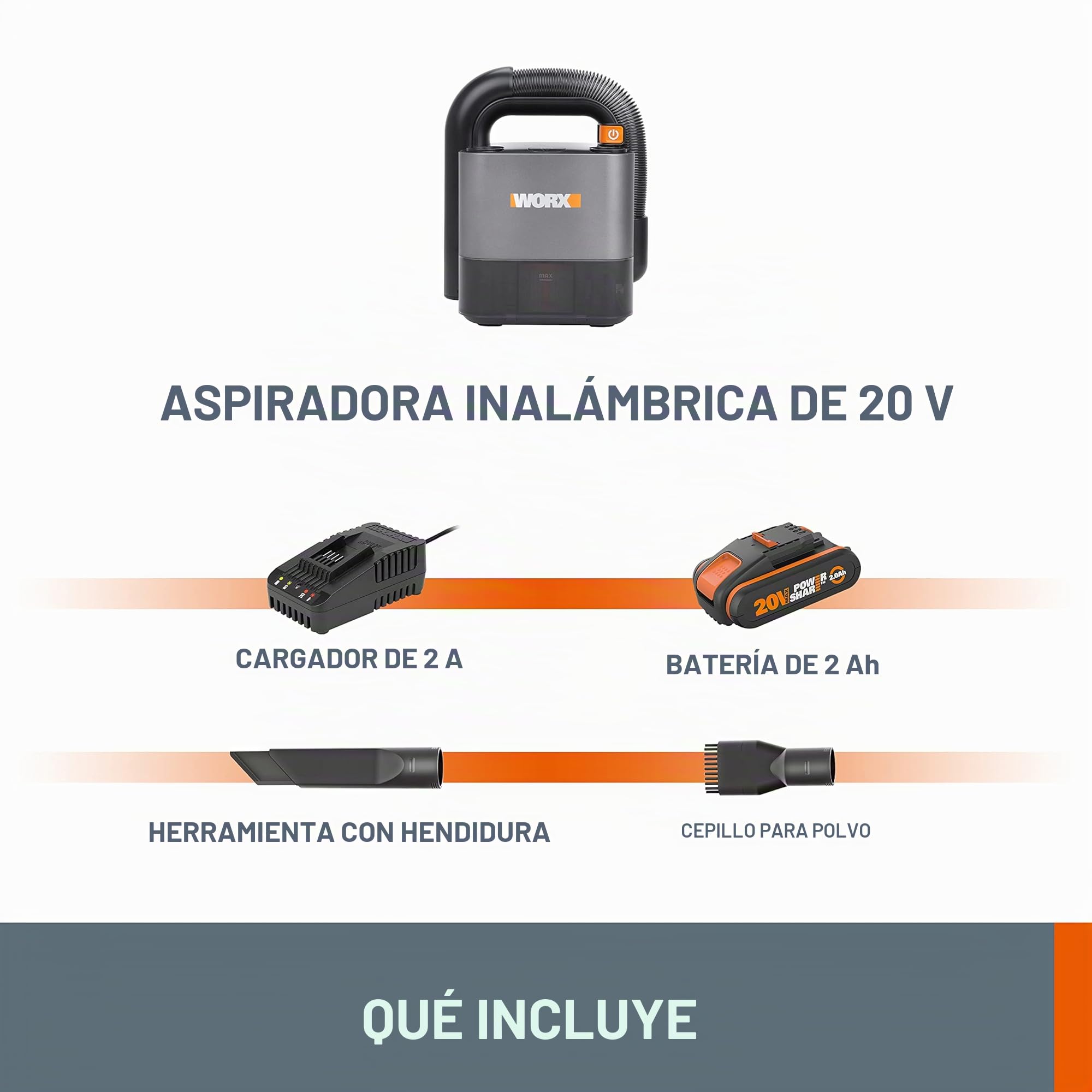 Worx 18V(20V MAX) Aspirador de Coche Inalámbrico sin Cable Potente 2.0Ah Batería WX030, 150W 10KPa con Caja de Almacenamiento Integrada, Filtro Lavable Red de Eliminación de Polvo
