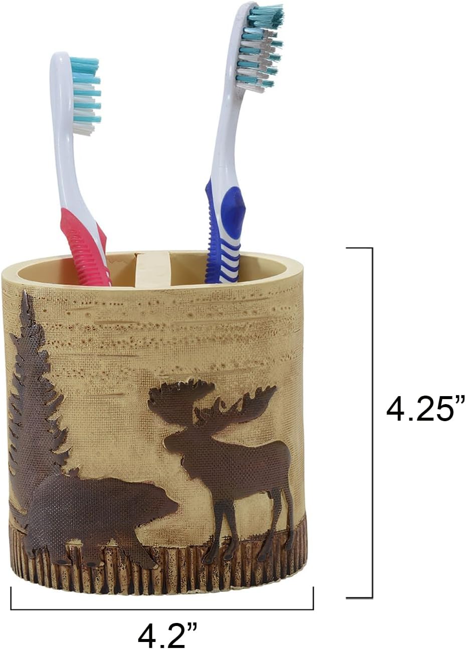 BLACK FOREST DECOR - Woodland Moose & Bear Toothbrush Holder - Aged Rustic Bathroom Décor for Cozy Cabin Style - 4.5" x 4.25" x 3"