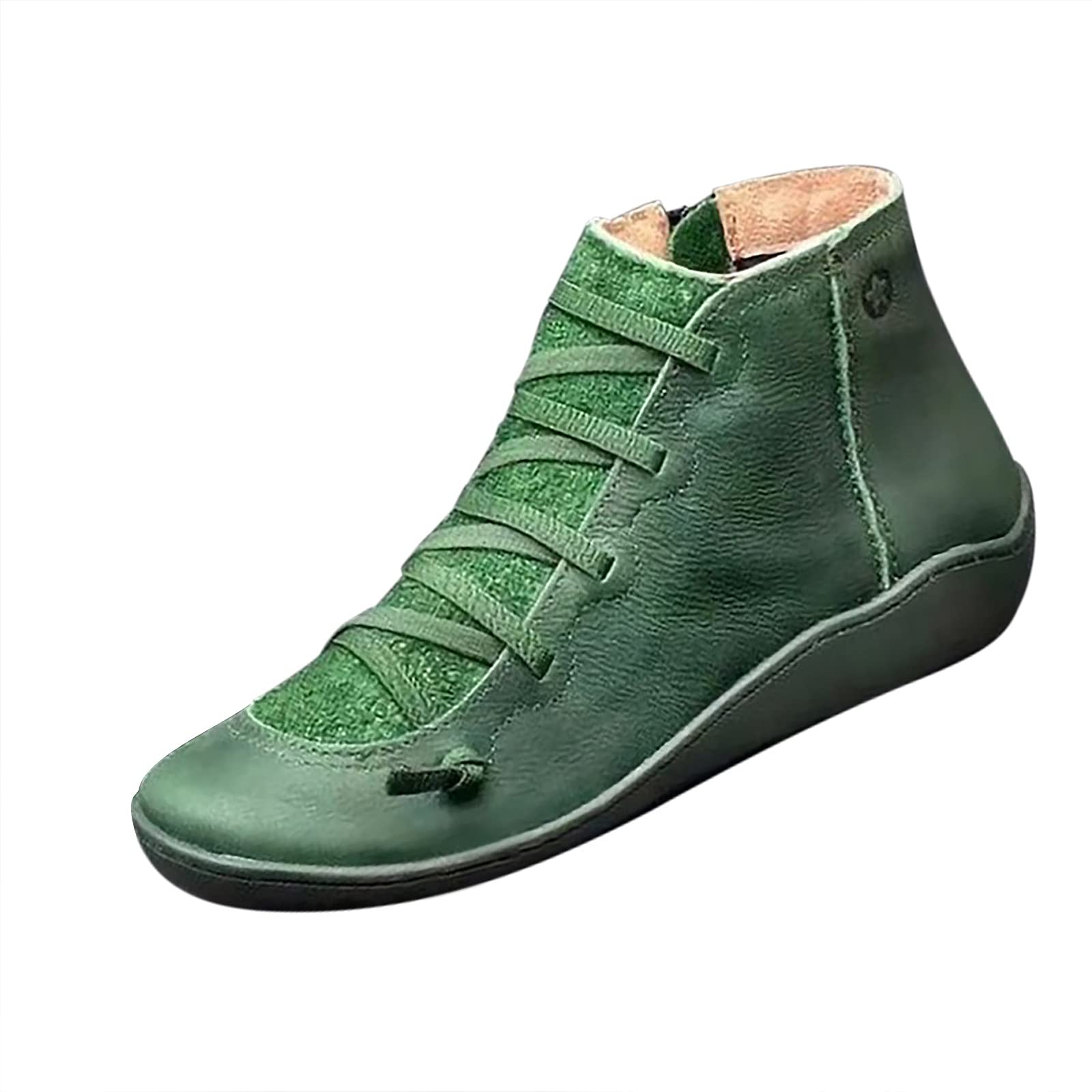 Women Casual Flat Booties Shoes Lace Up Comfort Walking Boots Solid Leather Ankle Bootie Lightweight Sneakers