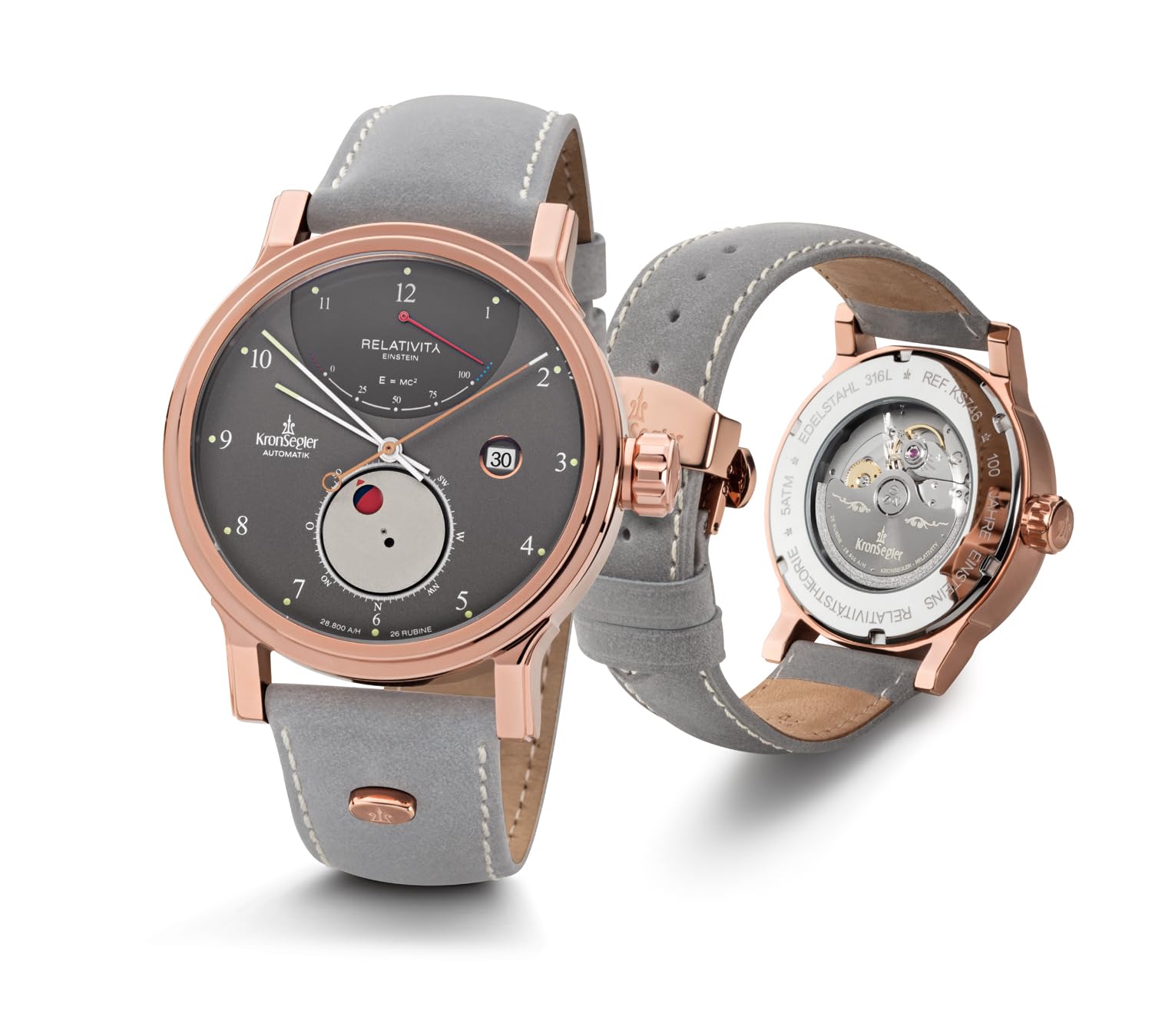 Kronsegler Einstein - Relativity Rosé Umbra - Herrenuhr Automatik | Automatikuhr 43mm mit Saphirglas | Gangreserveanzeige, Lederband