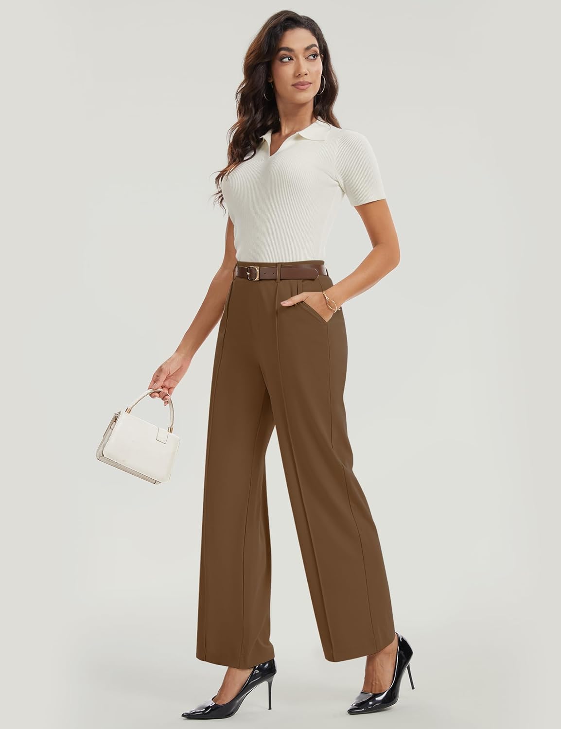 AVAMO Wide Leg Dress Pants for Women Pull On Stretchy Work Pants with Pockets High Elastic Waist Office Business Coffee - Image 2