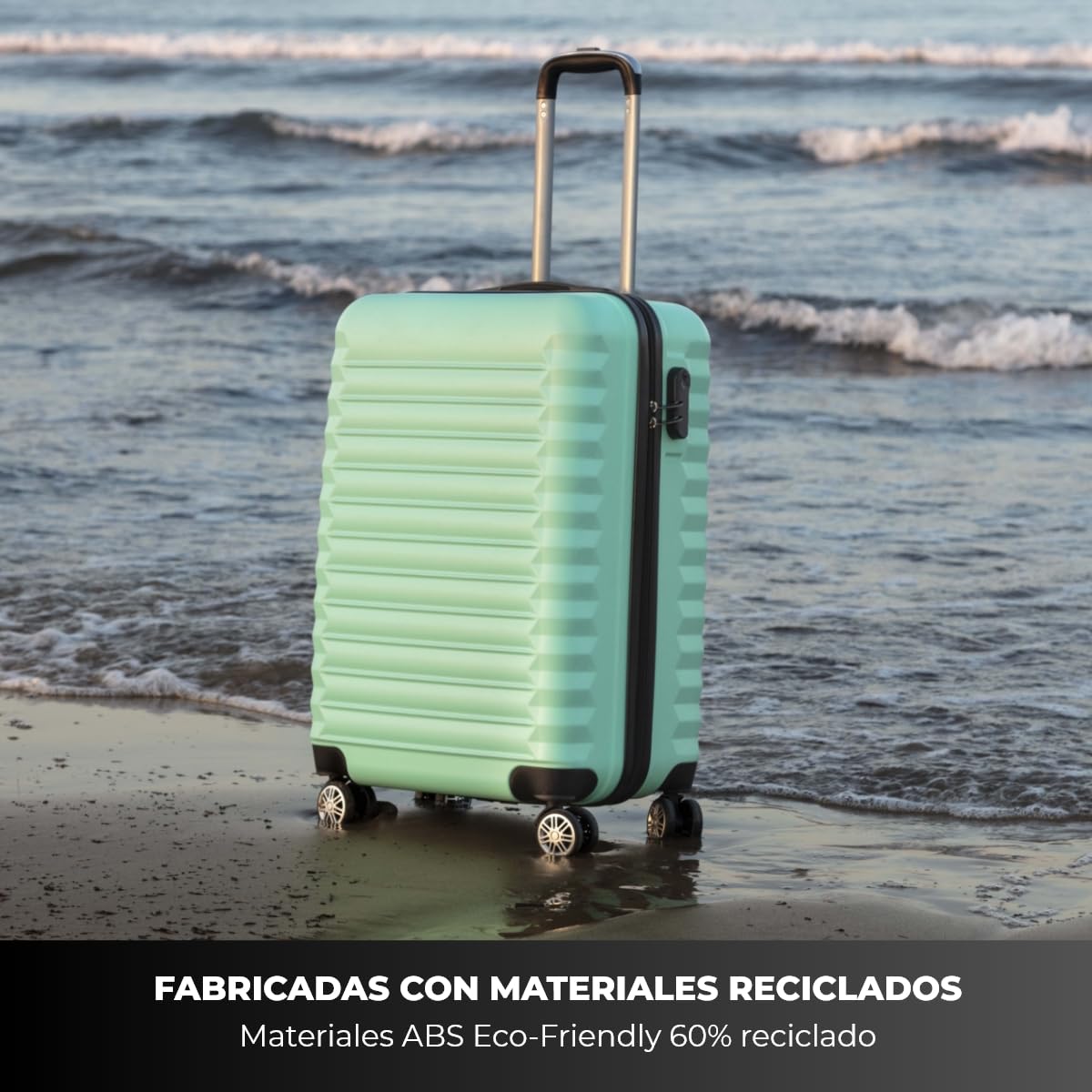NUMADA-Juego de Maletas Rígidas 3pzs. Maleta Cabina 53cm, Maleta Mediana 63cm y Neceser. Set de Maletas de Viaje ABS Eco Friendly, 4 Ruedas Dobles, Resistentes, Ligeras y Seguras (Verde)
