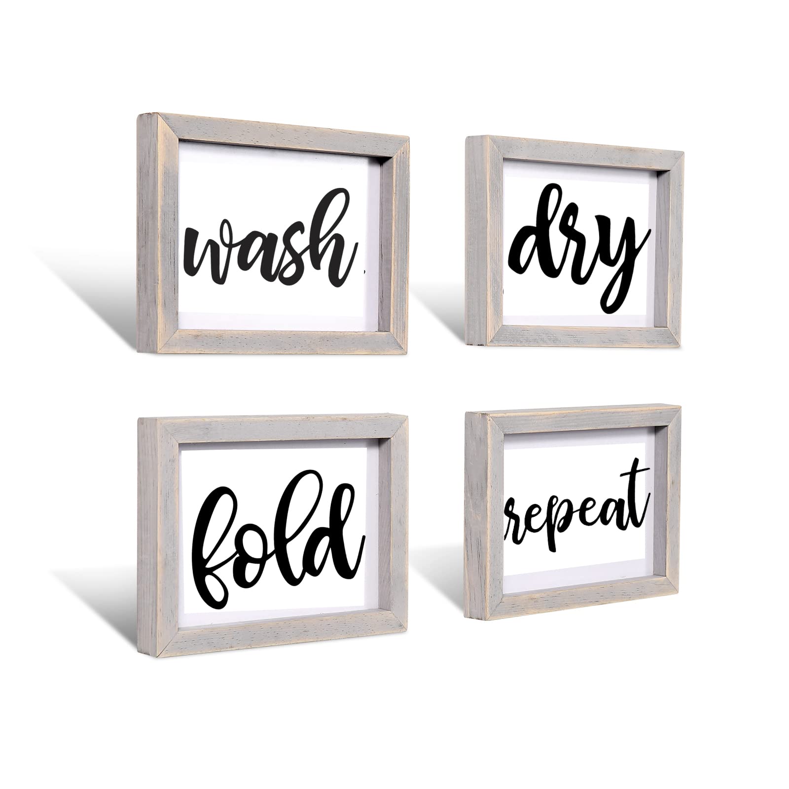 Mokof Laundry Room Decor Wash Fold Dry Repeat Mini Signs Set of 4, Farmhouse Laundry Room Decorative Sign Framed wood Wall Art, Laundry Shelf Decor, 6'' x 8'' (Grey Frame)