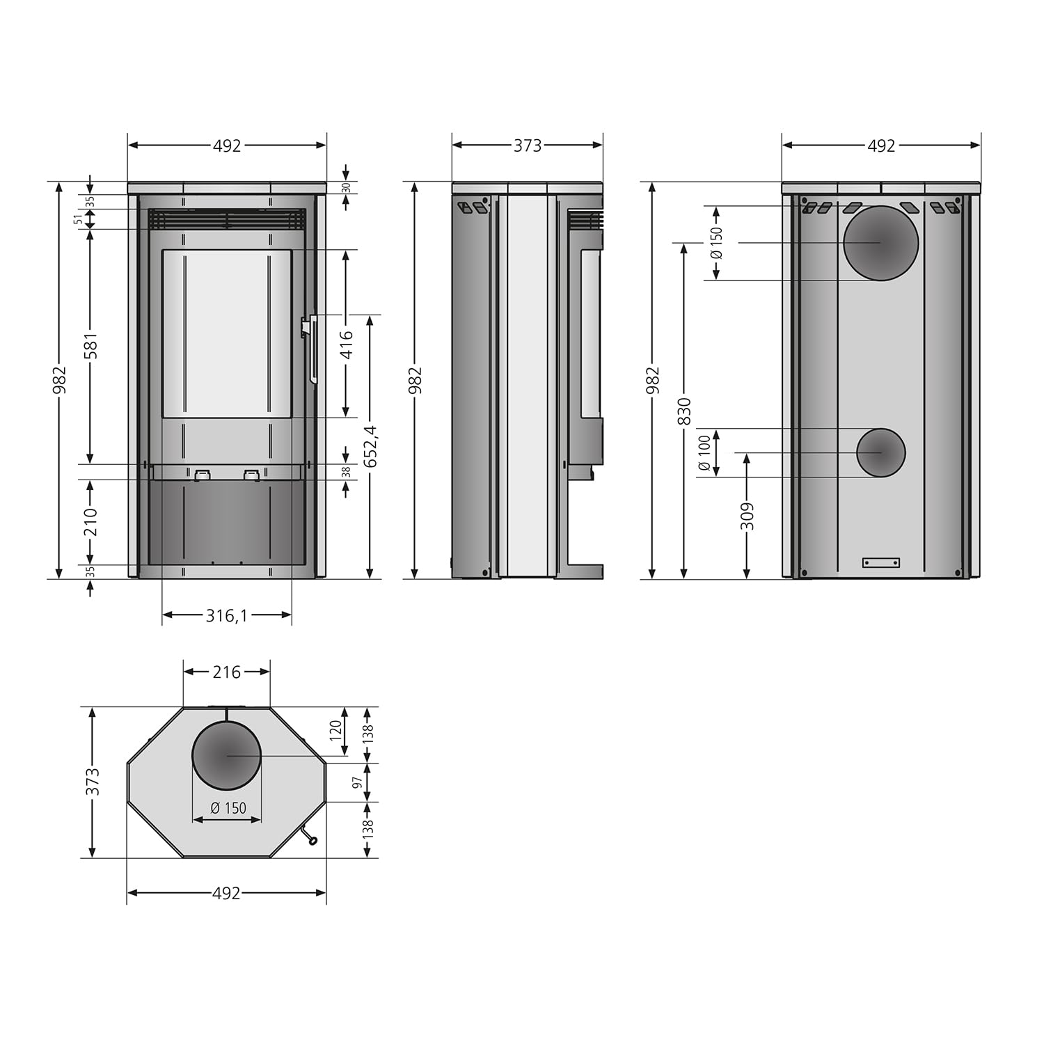 Justus Usedom 5 Kaminofen Stahl Schwarz mit Sandsteinverkleidung 5,5 kW Nennleistung Prismaglas Scheibenspülung Holzfach Bauart 1 Rauchrohr 150 mm
