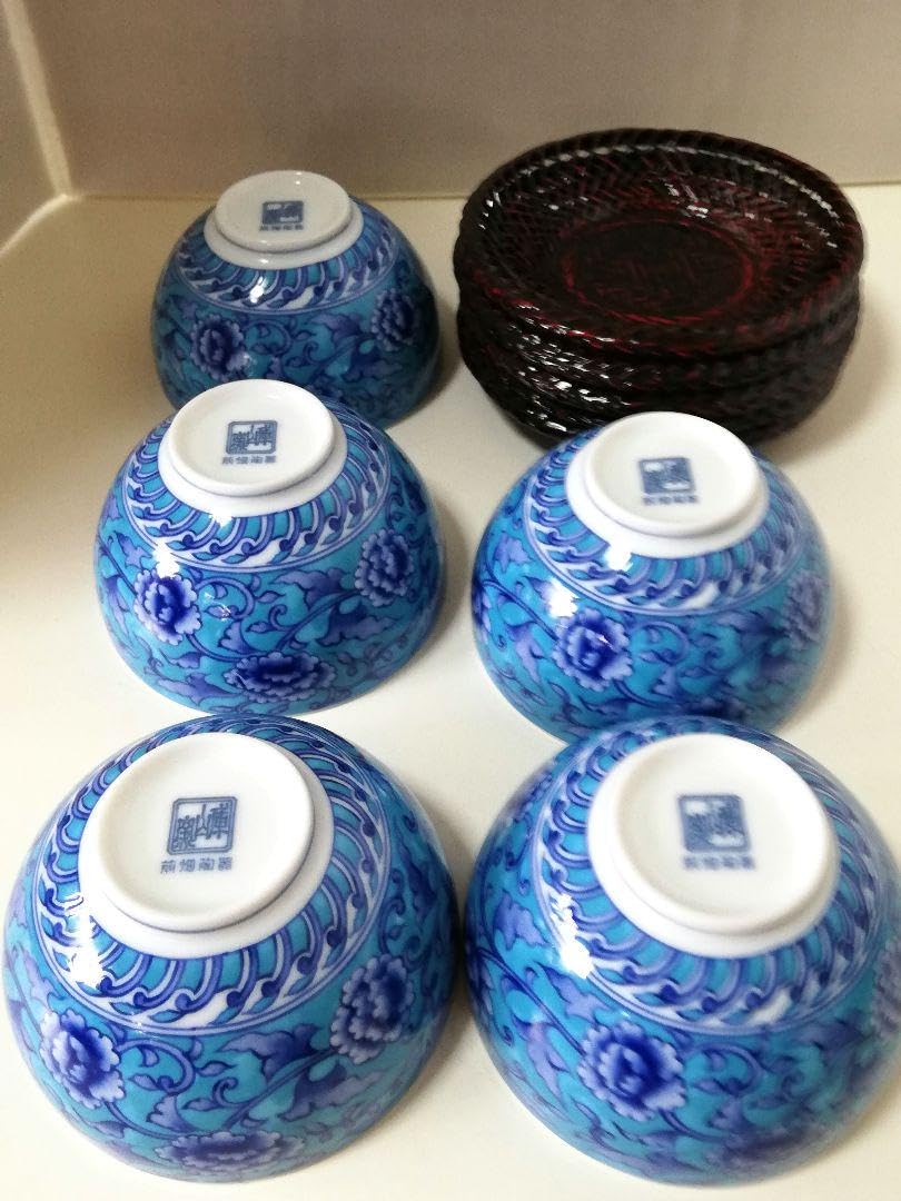 Amazon.co.jp: 美濃焼 庫山窯 青彩牡丹 湯呑みと茶托 各5と色絵うさぎ