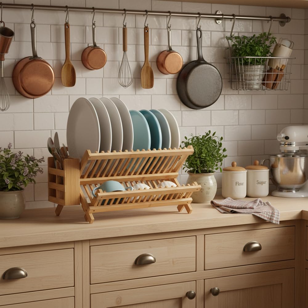 Scolapiatti in legno a 2 ripiani con portaposate, design pieghevole in bambù, tiene piatti e tazze separatamente, soluzione salvaspazio