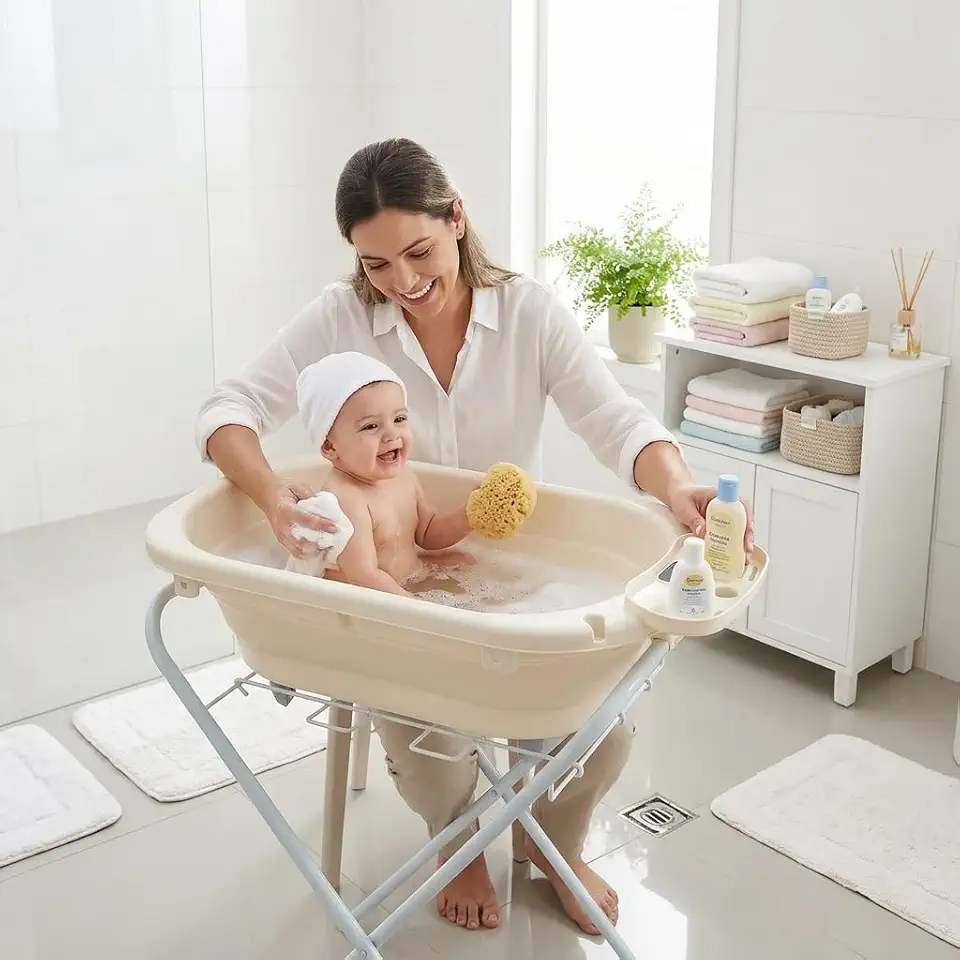 Banheira de Bebê Dobrável em Silicone com Suporte Retrátil Resistente Até 18Kg (Sem Encosto e Termômetro)