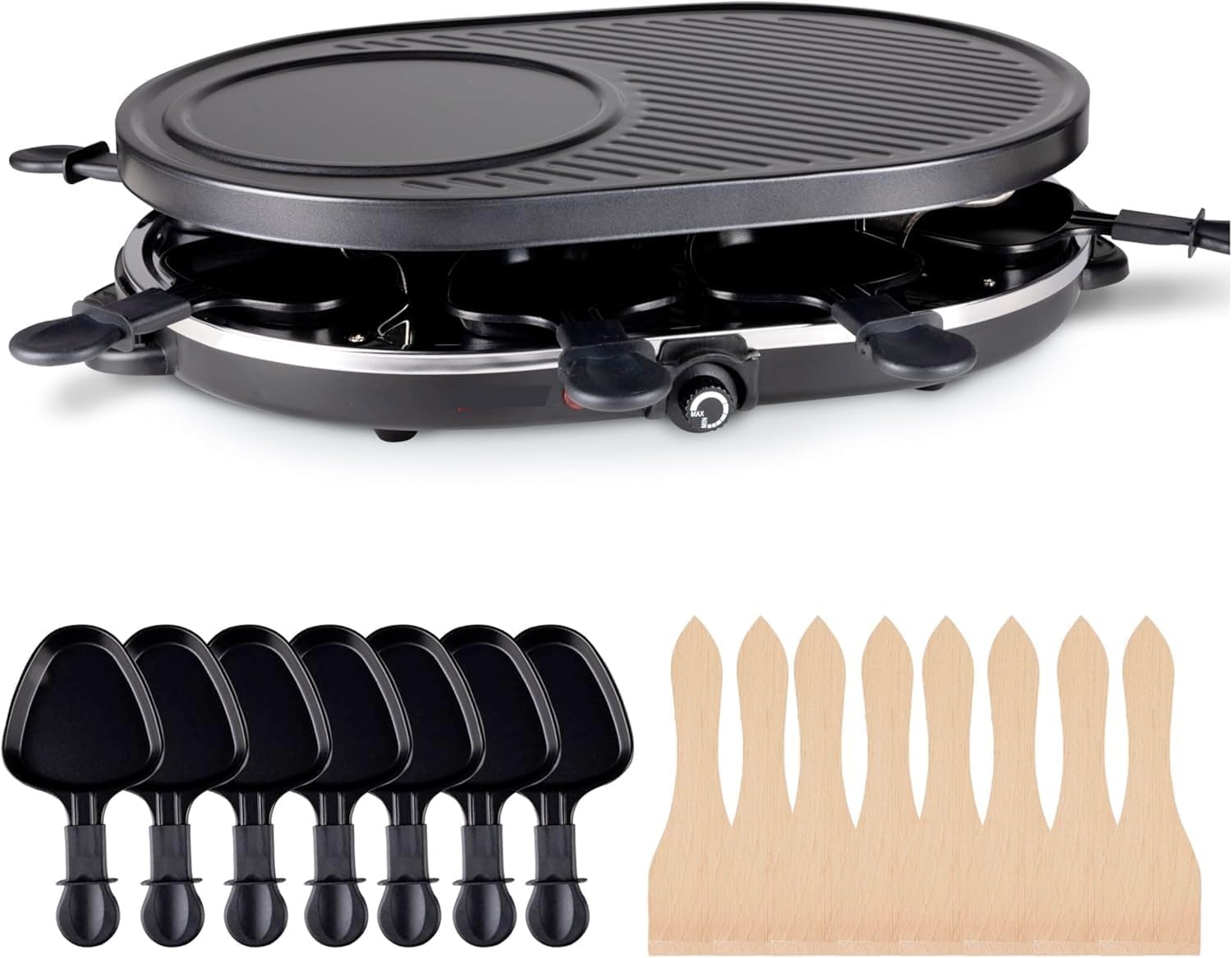Raclette Set für 8x Personen - antihaftbeschichtet- Tischgrill inkl. Pfännchen & Schaber (Rund)