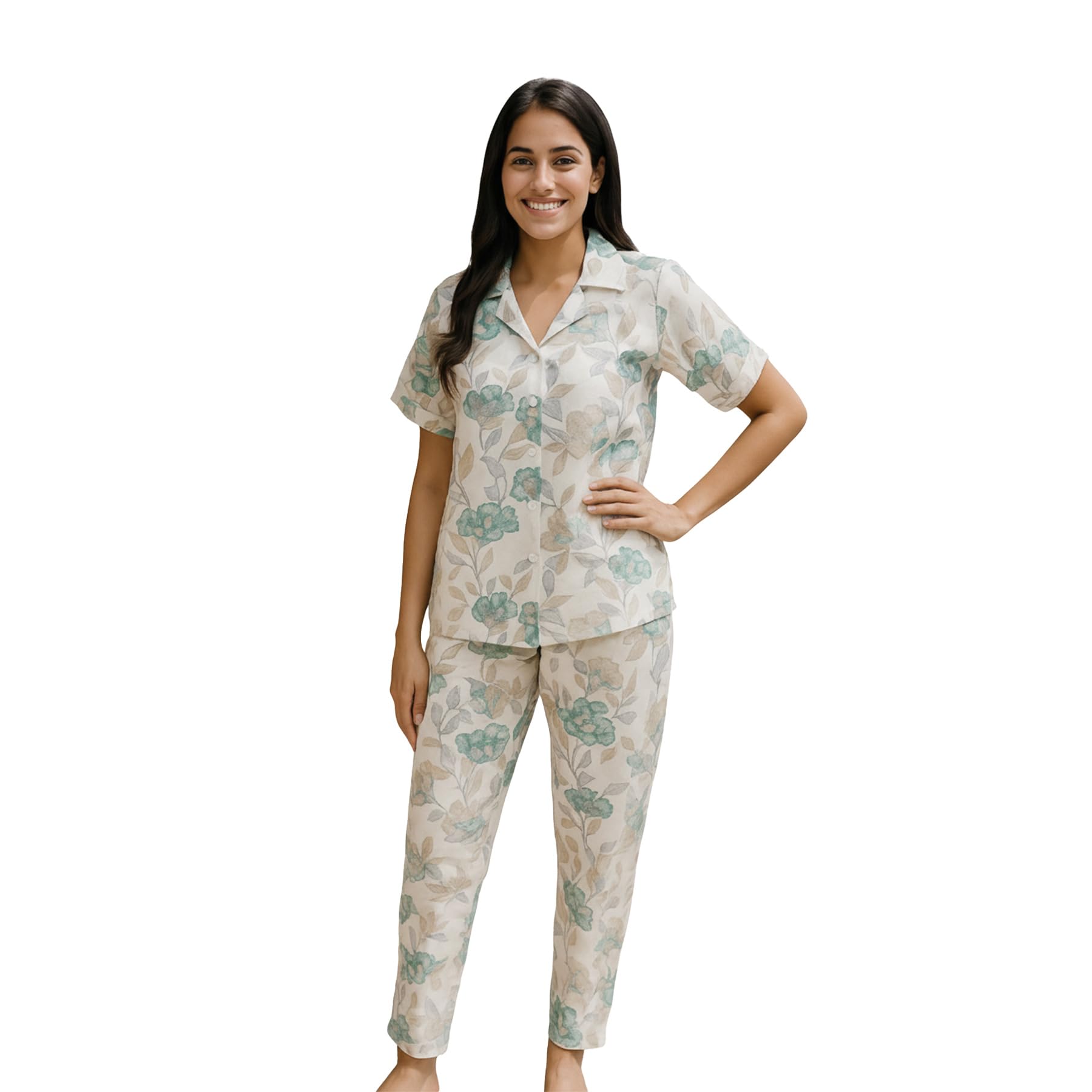n.h.k.a. Women’s Floral Printed Night Suit Set | Cotton Notch Collar Sleepwear | Stylish Two-Piece Loungewear Set | Soft, Stylish, and Breathable Nightwear (Green)-picture-14