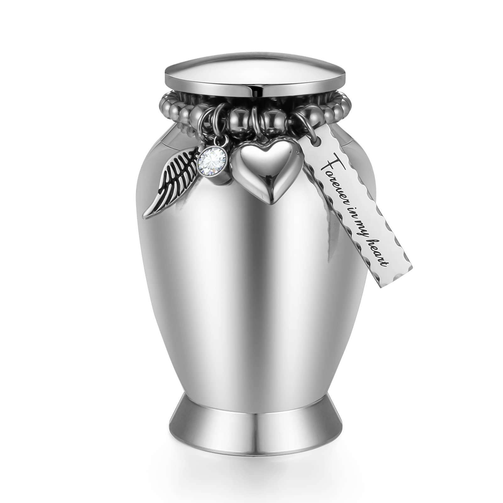 Small Urns for Human Ashes 2.85 Inch Keepsake With Wing Charm - Mini Cremation Urns Stainless Steel Memorial Keepsake - Forever in My Heart