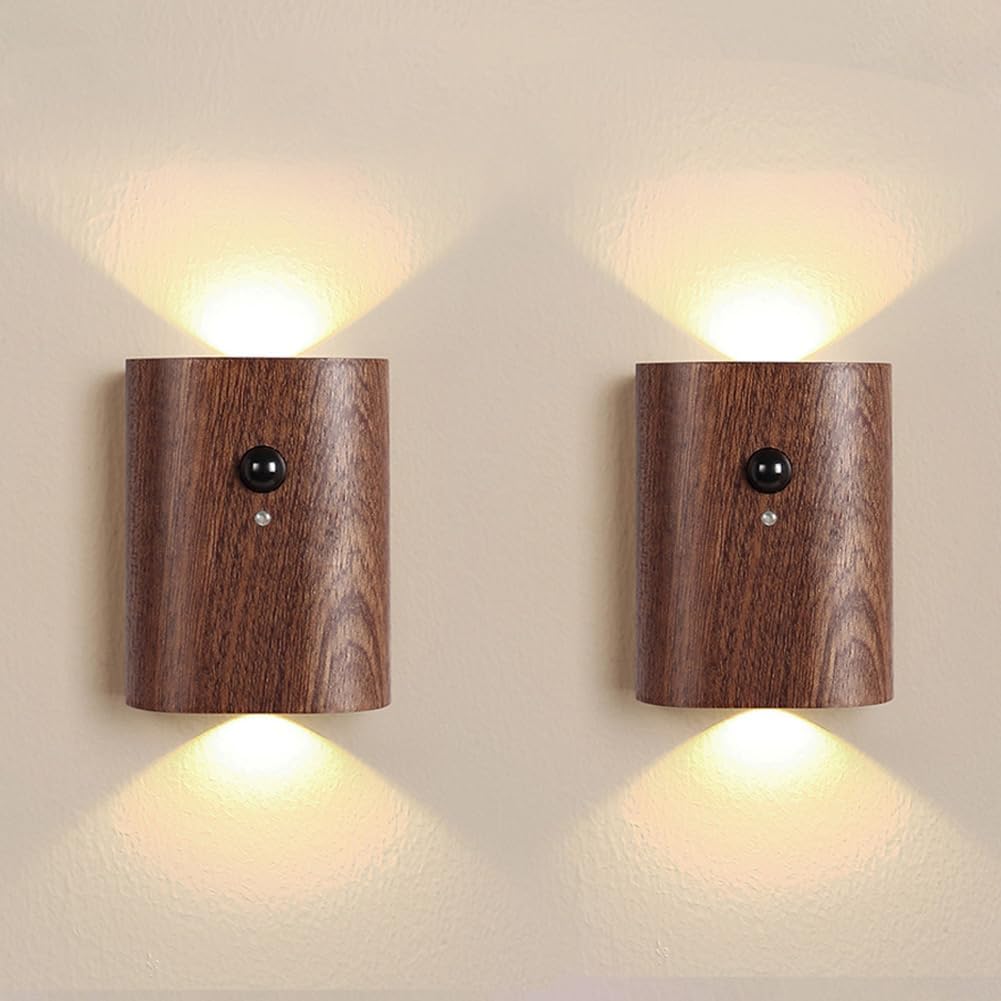HBGFHG Motion Sensor LED Wall Sconce, Rechargeable Wooden Night Light, Battery Powered, Sapele Finish, 2-Pack
