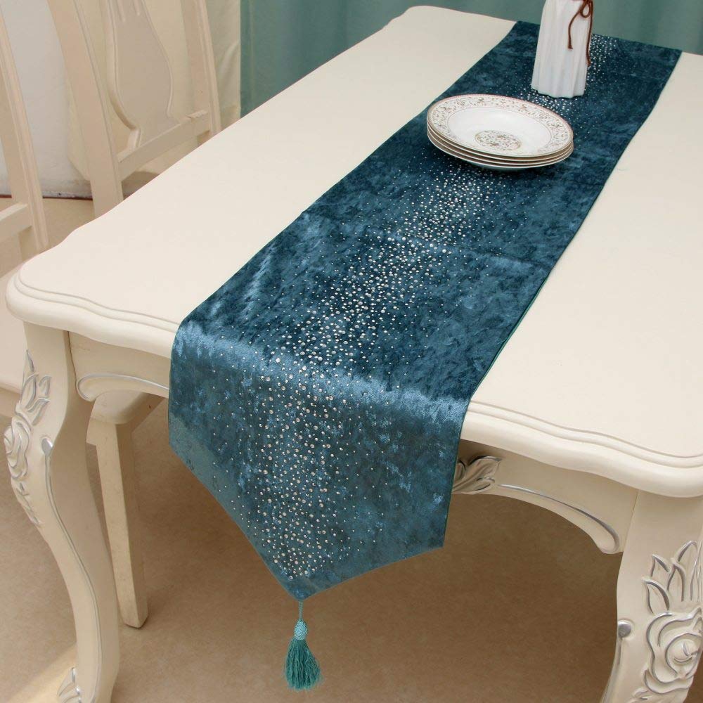 Runner Da Tavolino,Tovaglia Blu Di Lusso Con Strass In Velluto Europeo Nappa Squisita Elegante Stuoia Decorativa Scintillante Per Sala Da Pranzo Per Feste Di Matrimonio, 12,6 × 106,3 Pollici / 32