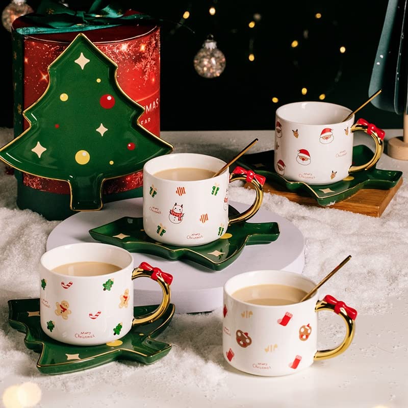 LUNYY Espressotassen-Set Kreative Weihnachtsmann-Kaffeetassen aus Keramik mit niedlichem rotem Bowknot-Griff Schönes Trinkgeschirr-Geschenk :
