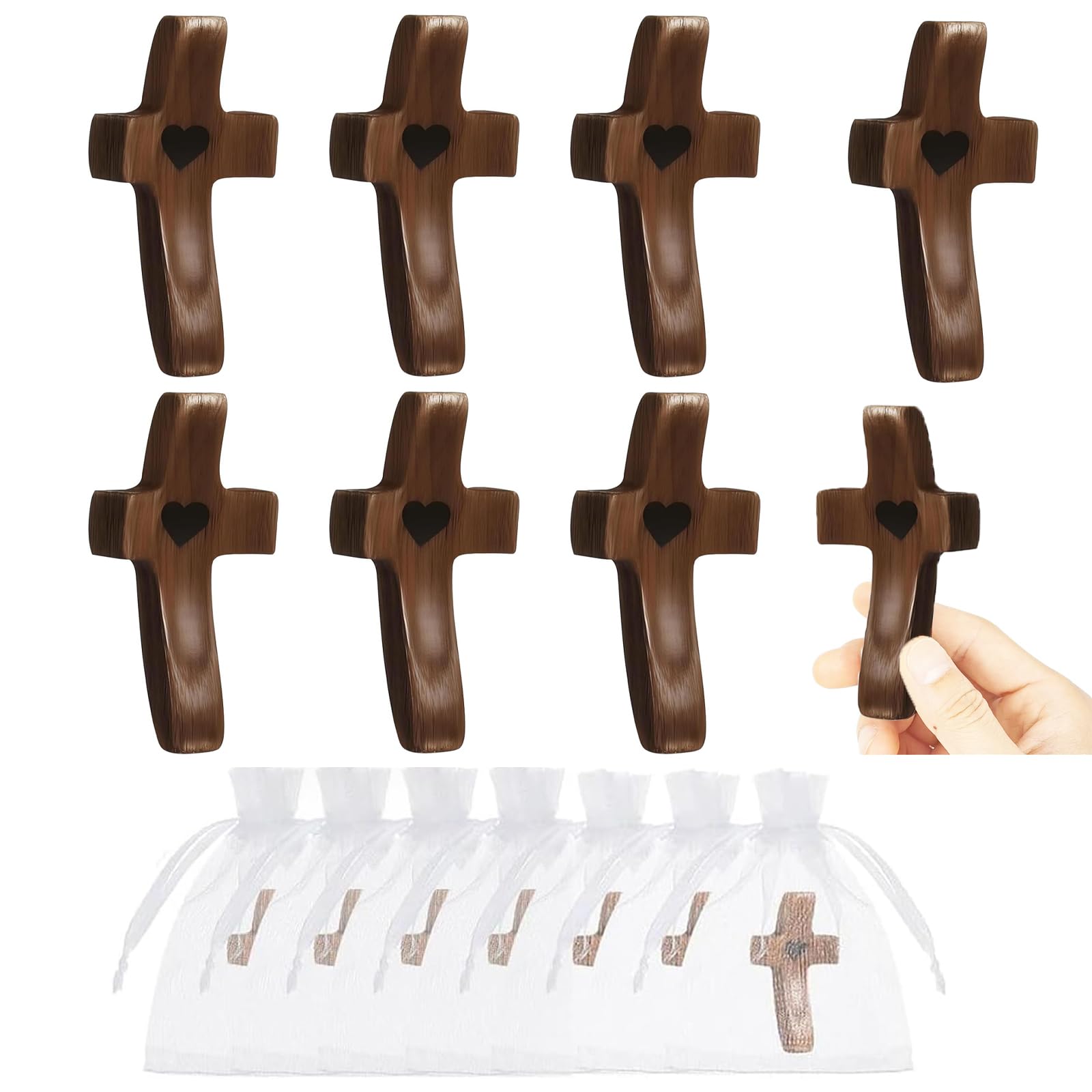 KxrTpx Palm Crosses, Wooden Cross and Holding Cross Set, Crucifix and Palm Sunday Crosses for Religious Easter Gifts, Christian Gifts and Craft Projects, Set of Seven Crosses with Mesh Bags