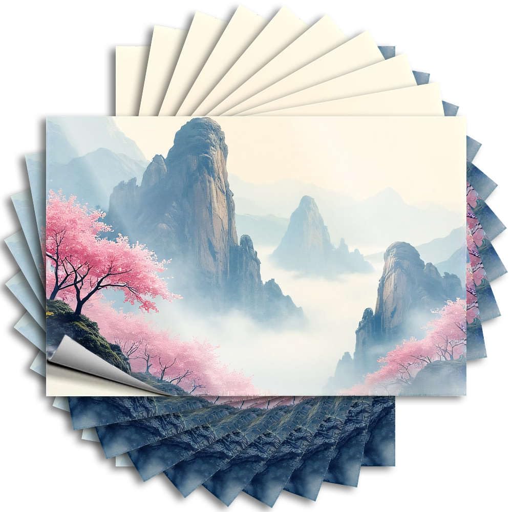 Misty Mountains with Cherry Blossoms Decals Coffee Self Adhesive | Encouraging Tumbler Vinyl Sticker Pack for Autumn(12X18CM)