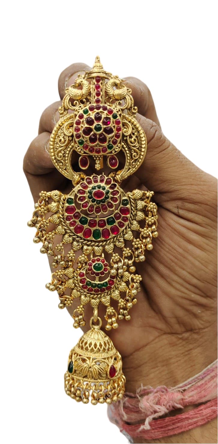 KGr Splash Heavy WOrk KEmpu Red Color Stones Golden Beads Two Layer Short Jadai Billai For Hair-picture-54