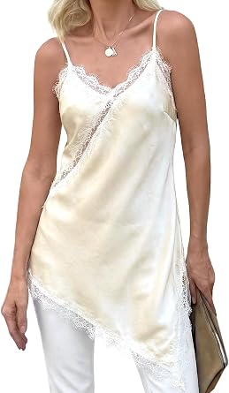 Cicy Bell Womens Summer Satin Lace Cami Tops Sexy V Neck Asymmetrical Backless Camisole Club Spaghetti Strap Silky Dress