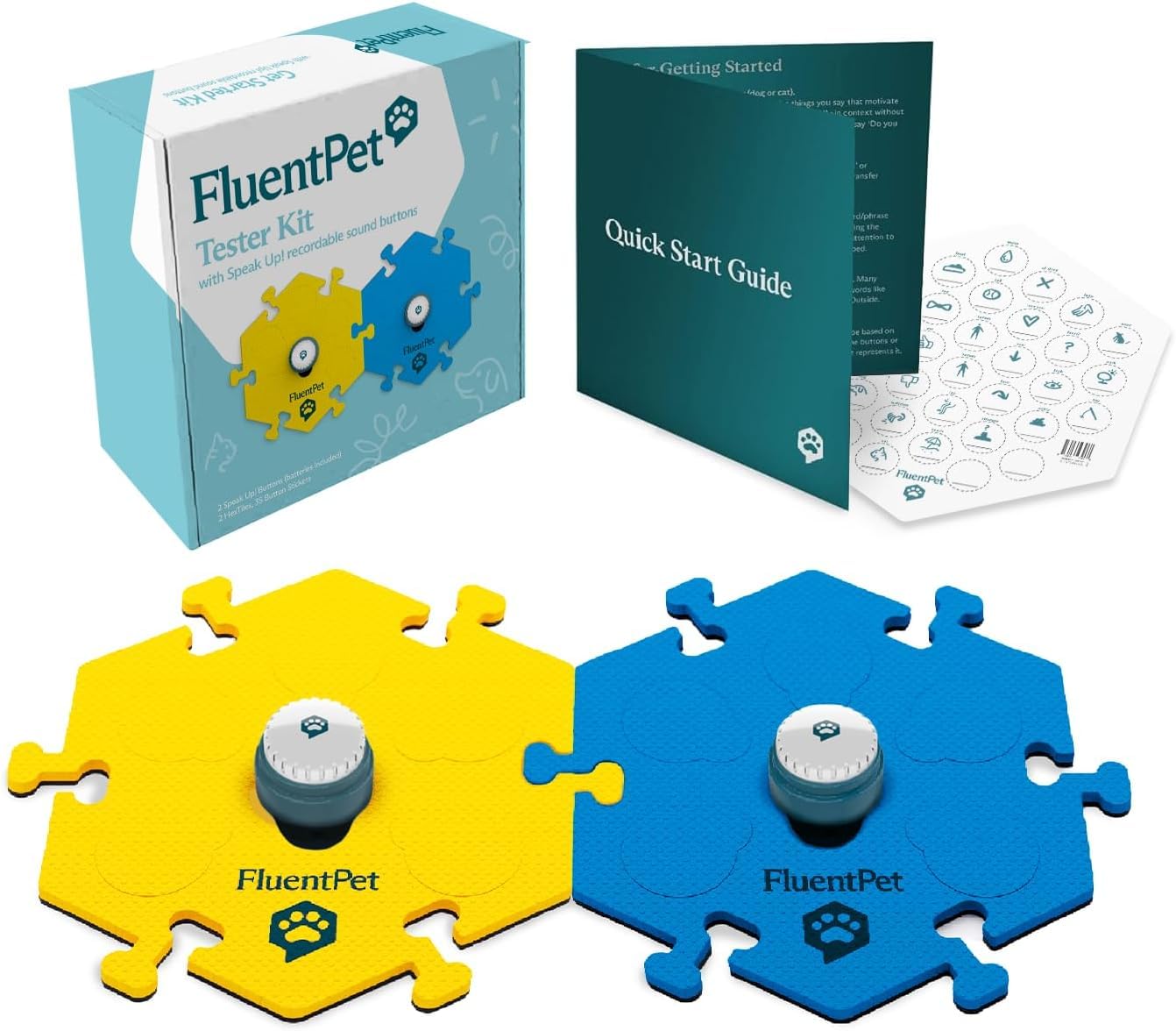FluentPet Sound Button Tester Kit - Dog Buttons for Communication - Compact Talking Buttons for Dogs and Cats - Dog Talking Button Set with 2 Recordable Buttons and 2 Compact HexTile Soundboard Mats