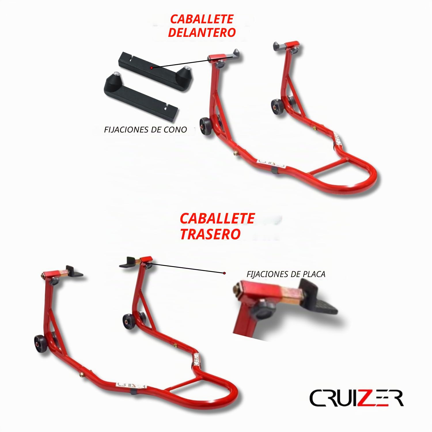 CRUIZER Caballete delantero para moto con enganches de conos + caballete trasero con placas ajustables con ruedas subyacentes, barras y refuerzos laterales. Carga máxima de 600 kg
