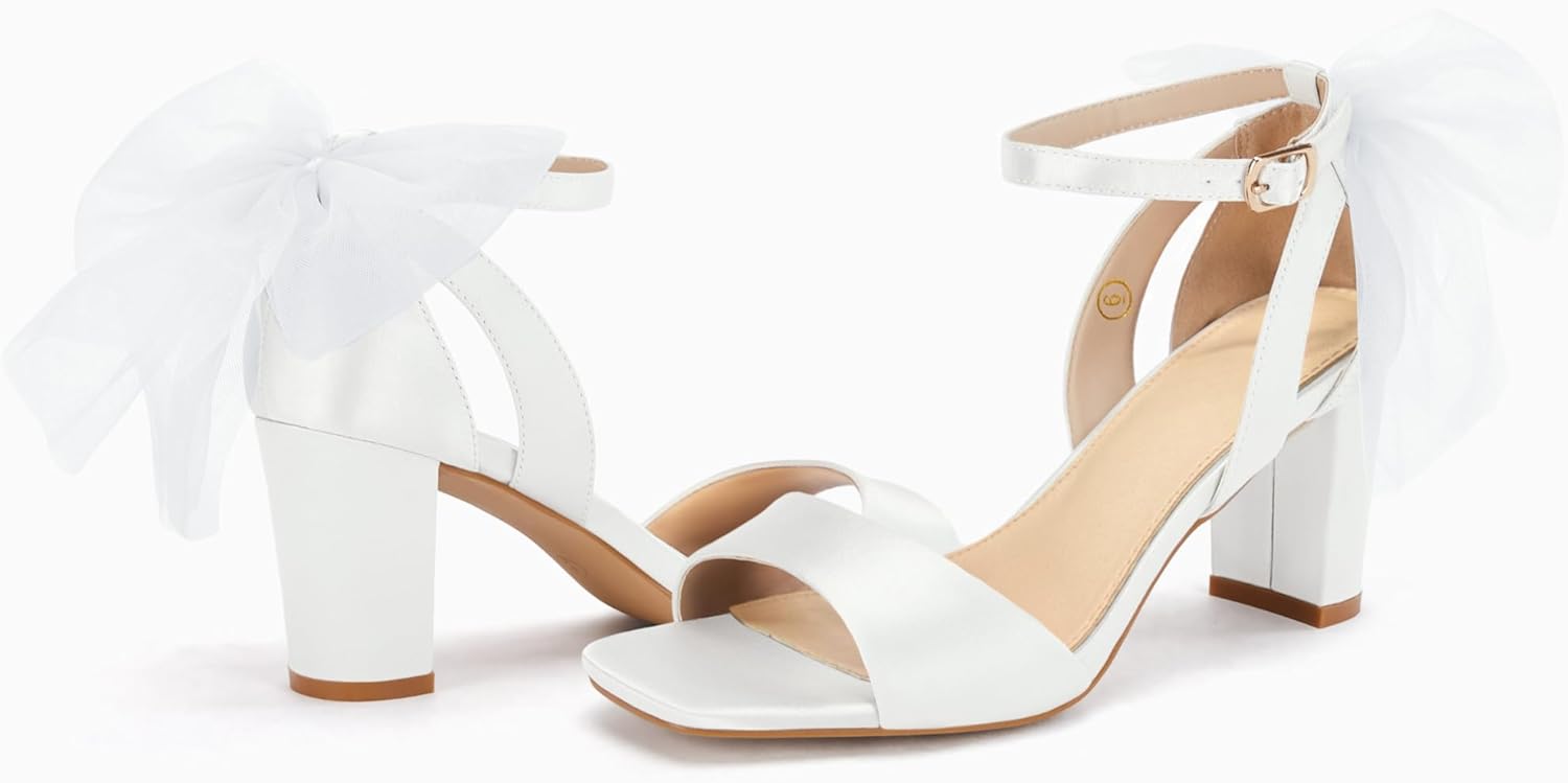 Coutgo Women's Bow Tie Heeled Sandals Chunky Heels One Strap Satin Ankle Buckle Dress Wedding Shoes - Image 4