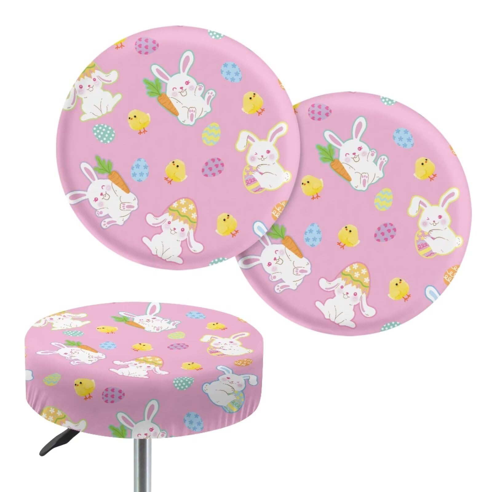 Wanyint Stool Covers Soft Breathable Irish Round Bar Stool Covers Stretch Seat Slipcover Washable Stool Cover for Easter Decor, 13"-15", 2 Count, Easter Bunny Egg Chick Pink โ image 1