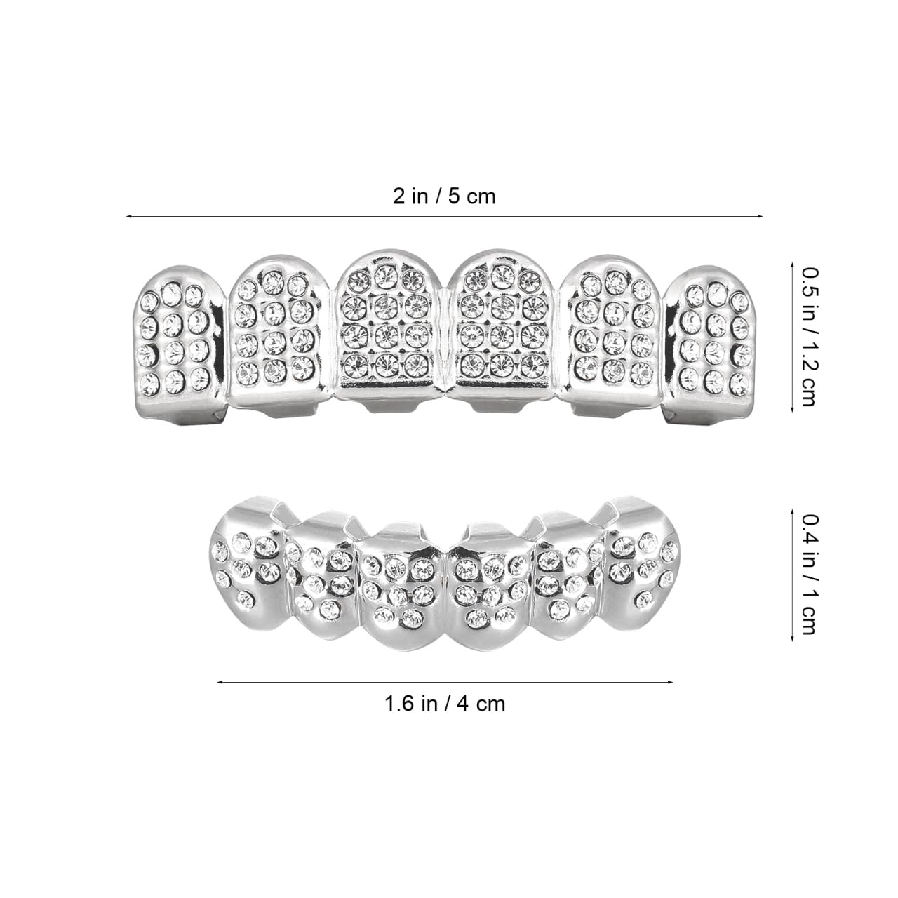 Copper Mouth Grill Set 2 Pieces Adjustable Rhinestone Teeth Grills for Men Women Hip Hop Party Cosplay, Silver, 5.00X1.00X1.00CM - Image 2