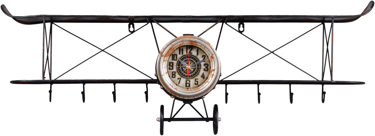 Utopia Alley Biplane Wall Clock, Metal with Distressed Antiqued Vintage Finish, Black