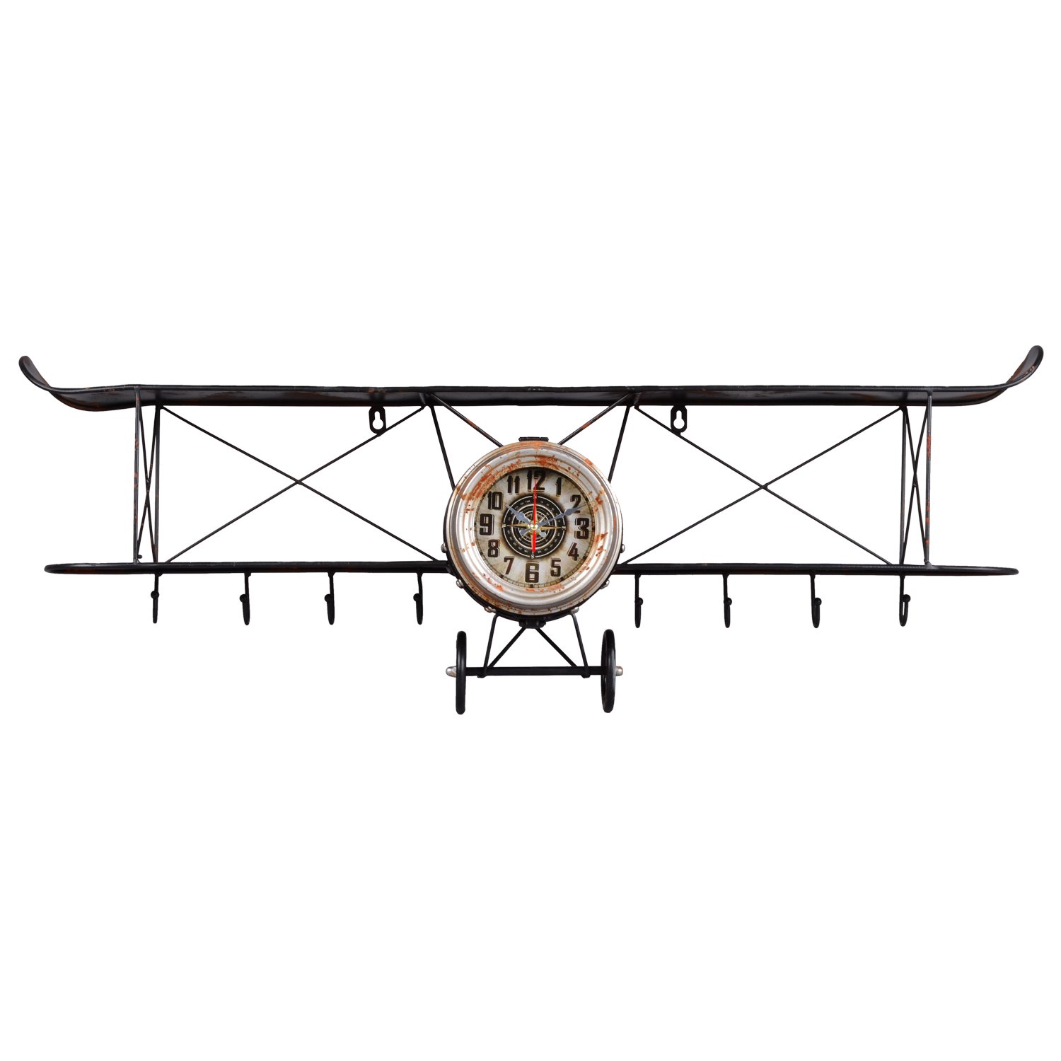 Utopia Alley Biplane Wall Clock, Metal with Distressed Antiqued Vintage Finish, Black