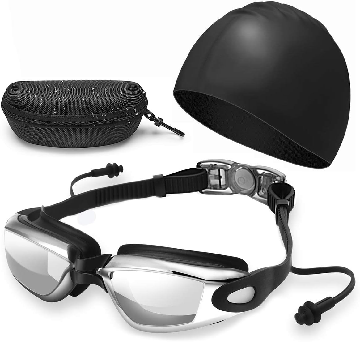 Adult Swim Goggles and Cap, CANI Mirrored Swimming Goggles with Ear Plugs No Leaking Anti Fog UV Protection, Elastomeric Solid Silicone Swim Cap, Professional Swim Glasses and Cap Set for Men Women