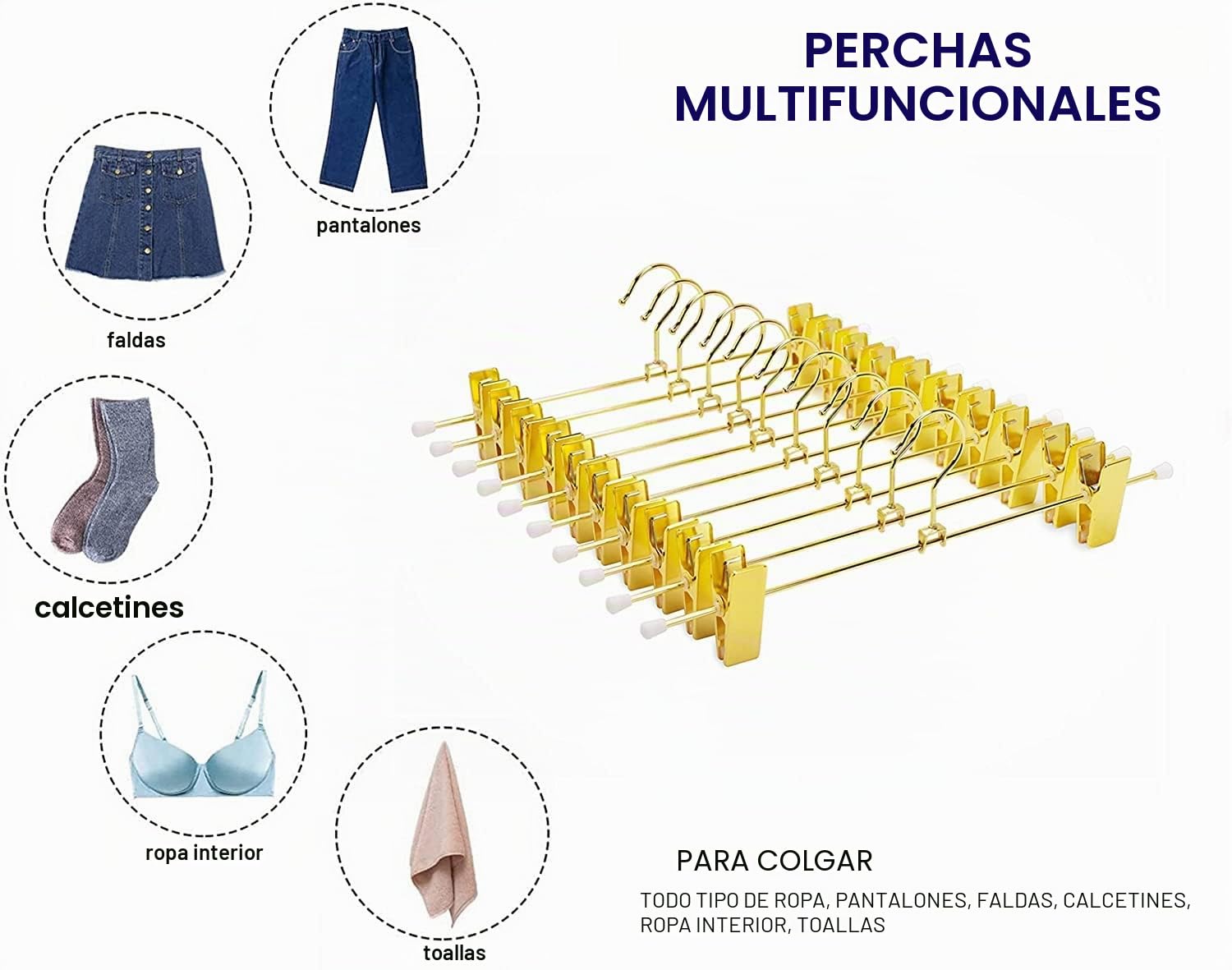 Amber Home 20 Unidades 30cm Perchas de Hierro Dorados, Dorada Metálico Percha para Pantalones Shorts Faldas Calcetines y Ropa Interior, con Clips Antideslizantes