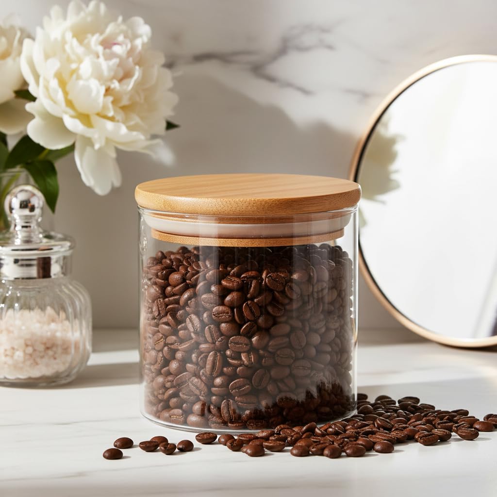 JUVITUS Paquete de 4 tarros de borosilicato de vidrio transparente de 10 onzas con tapa sellada de silicona de bambú
