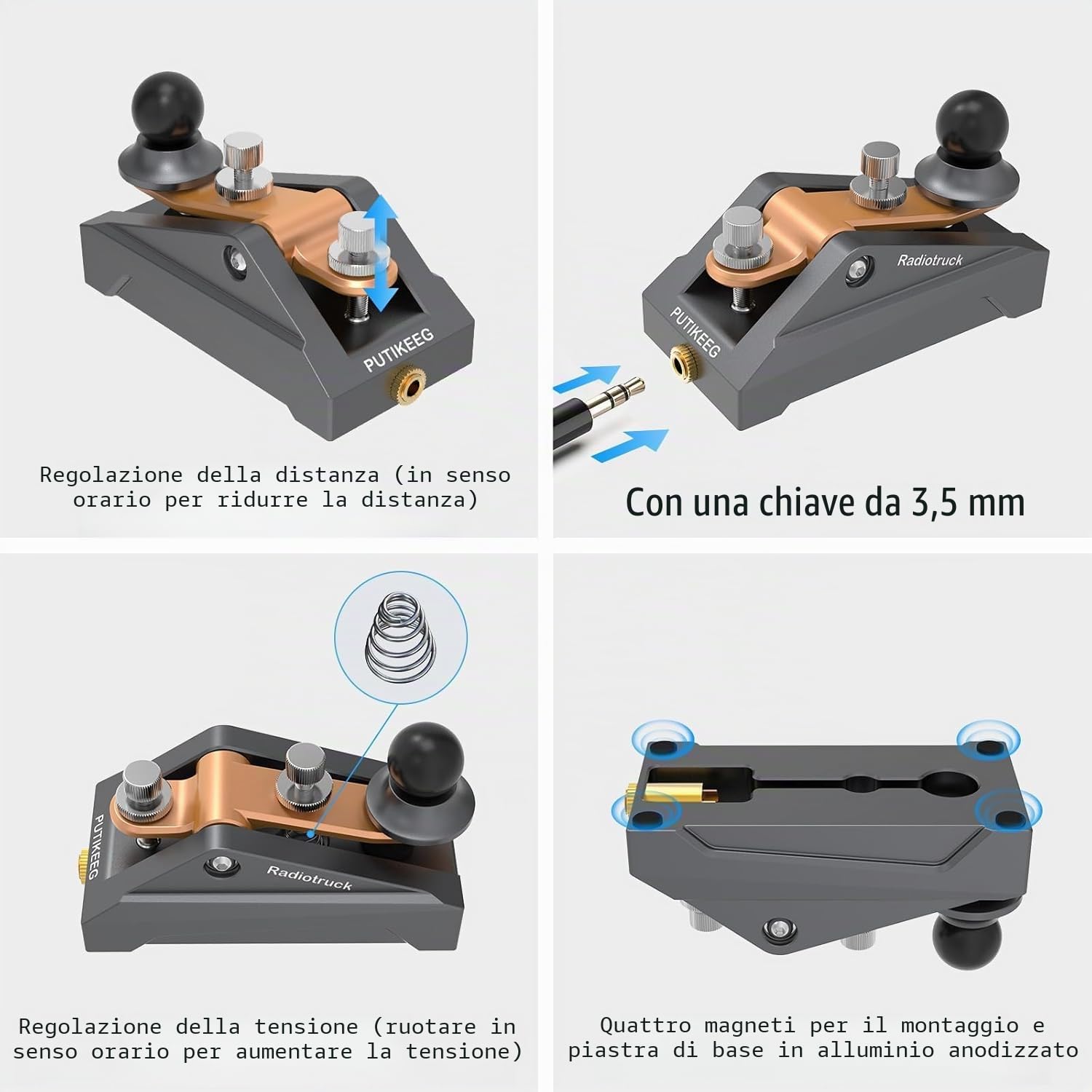 CW Morse Code Key - Chiave tascabile con codice Morse Telegraph Base in lega di alluminio grigia per radioamatoriali, tensione regolabile (grigia)