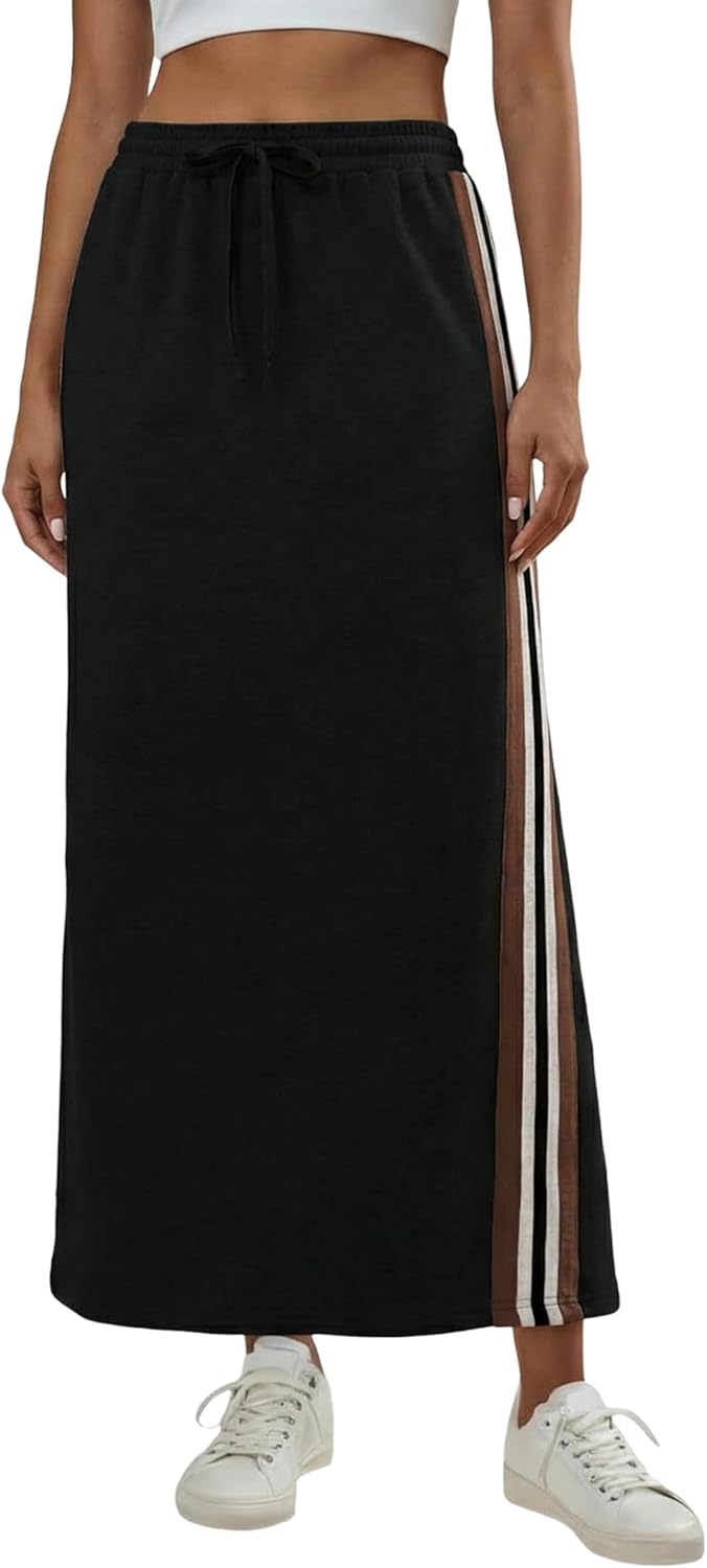 EsheSy Womens Cotton Maxi Sweat Skirt Elasitc High Waist Drawstring Side Striped Daily Practice Casual Long Skirts