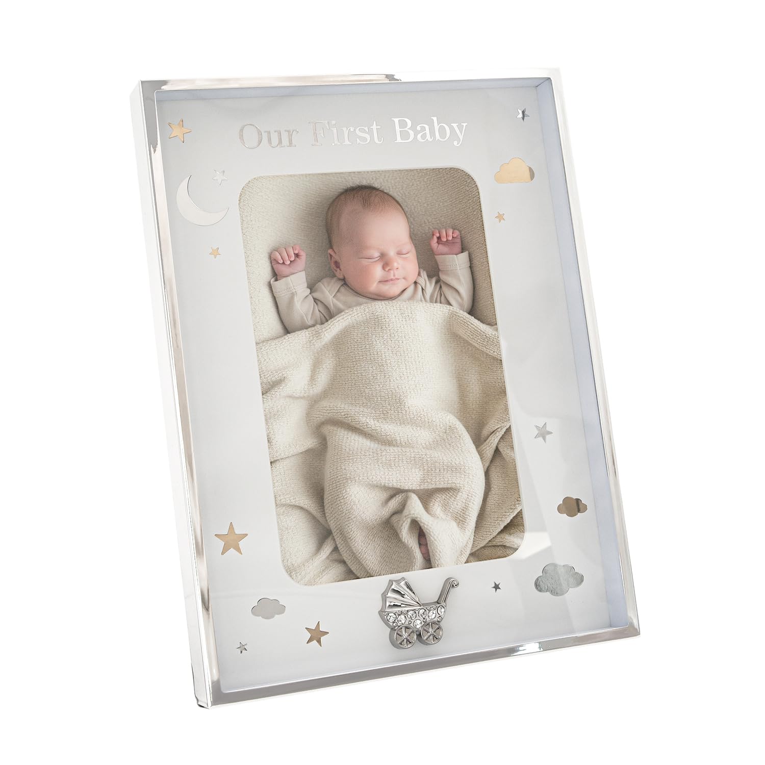 Happy Homewares Our First Baby Silver Plated 4x6 Picture Frame with Gold and Silver Foil Stars and Clouds - Image 2