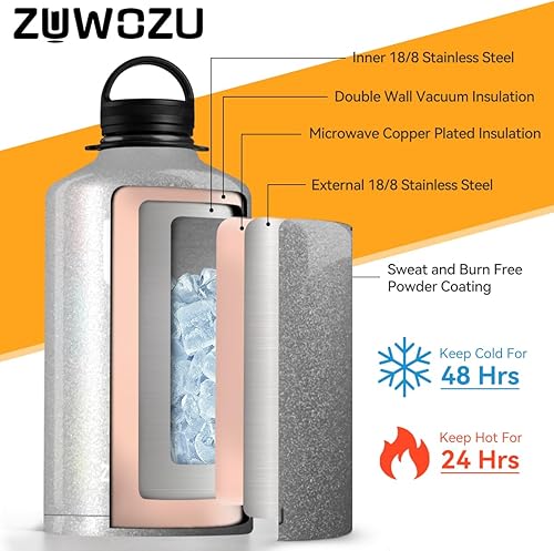 Miniatura 4 de Botella de agua aislada de un galón, aspiradora de doble pared, botella de agua aislada de 1 galón con 3 tapas