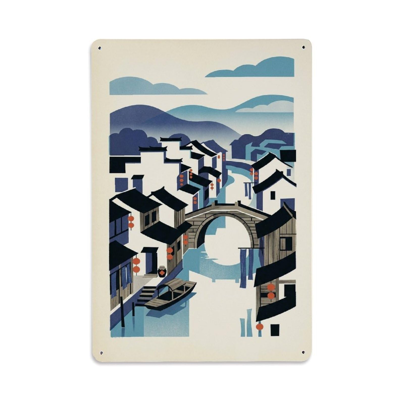 Okngb Style China Wuzhen Heritage Travel Scenic Waterway Cityscape Metal Tin Sign Plaque Wall Decor For Cafe, Man Cave, Club Bar, Office, Home Garden Round Metal Poster 8X12inch