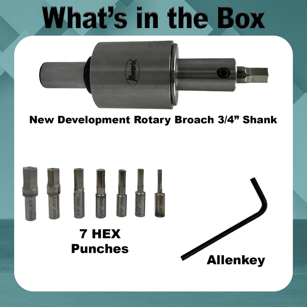 ASSORTS Precision Rotary Broach with 3/4" (19.05 mm) Shank & 7-Piece HSS Hex Punch Set – Ideal for CNC, Lathe, Milling & Drilling Machines