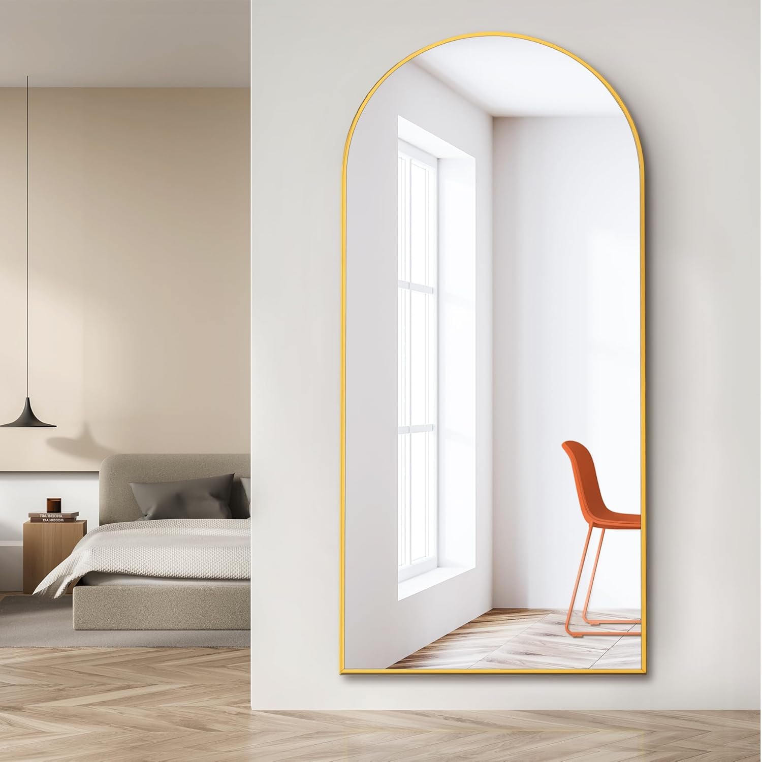 DHARA DECOR| Arched Metal Full-Length Hanging Mirror | Modern Full-Body Wall Mirror for Bedroom, Bathroom & Living Room (Glam Gold_Freestanding, (58x23)-image-19