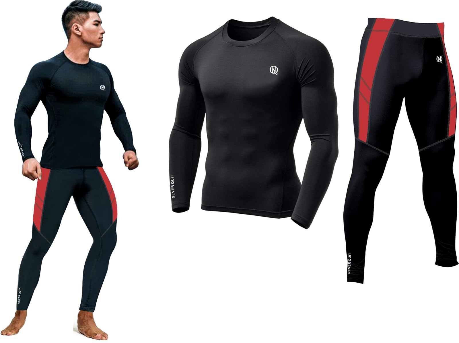 never quit Men's Compression Workout Set, Long Sleeve Top & Pants, Quick Dry Sportswear Black-picture-3